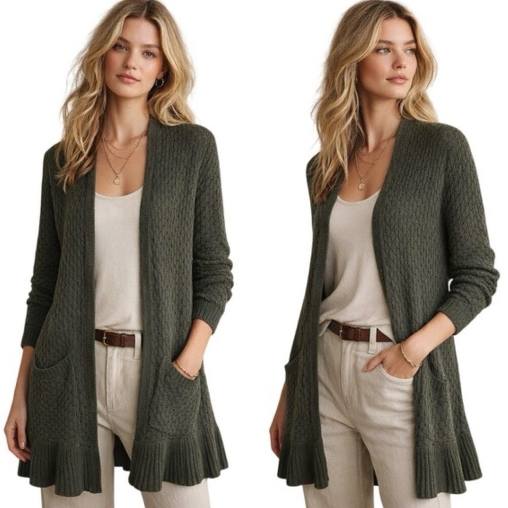 Anthropologie Guinevere Long Line Cardigan Sweater Green Ruffle Hem